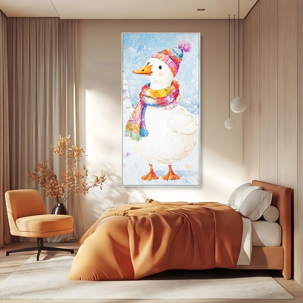 Tablou canvas cu tablou canvas cu rata imbracata de iarna, in rama de aluminiu argintiu, pe perete intr-un dormitor